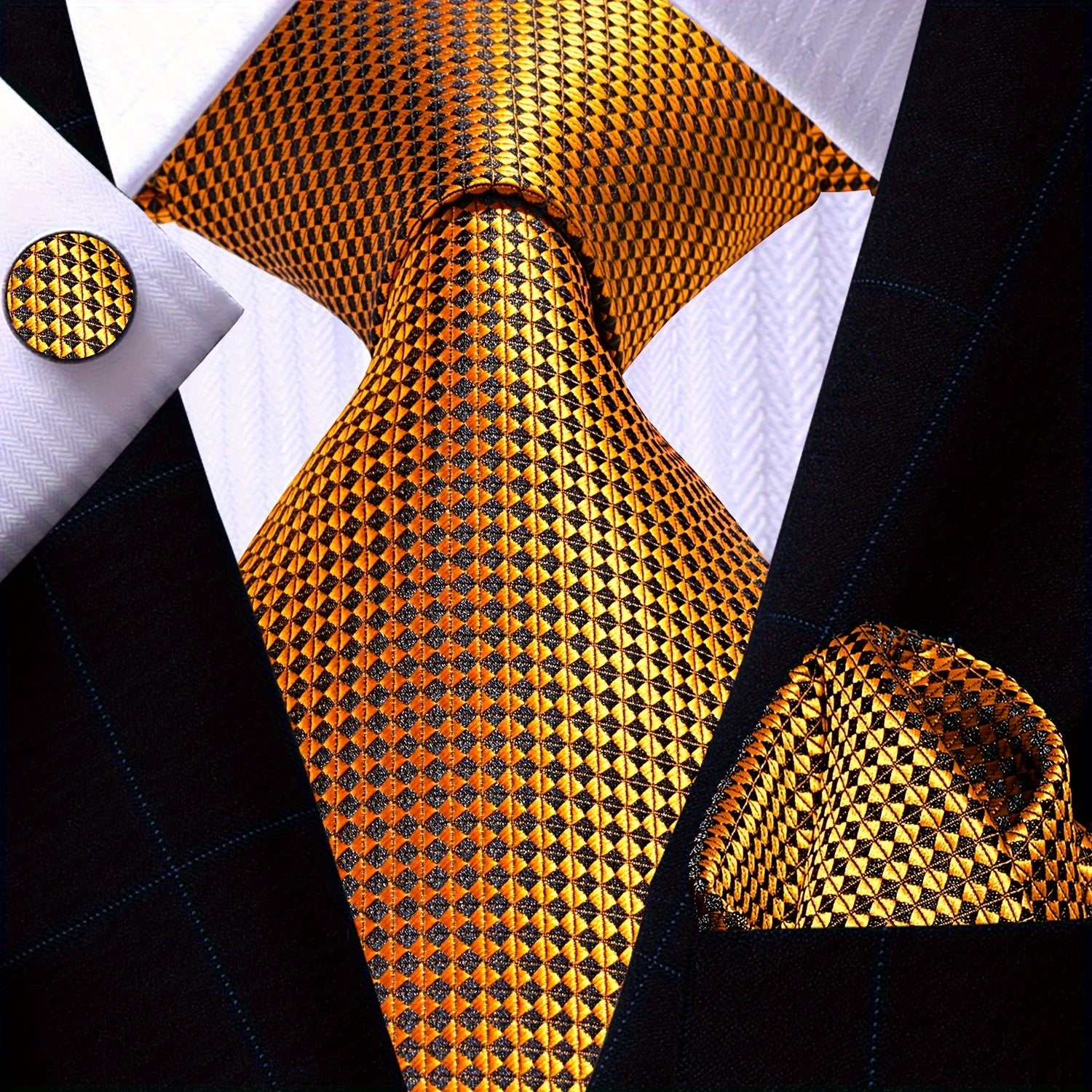 Men's Gold Accessories Set Tie Pocket Square Cufflinks for Weddings Business