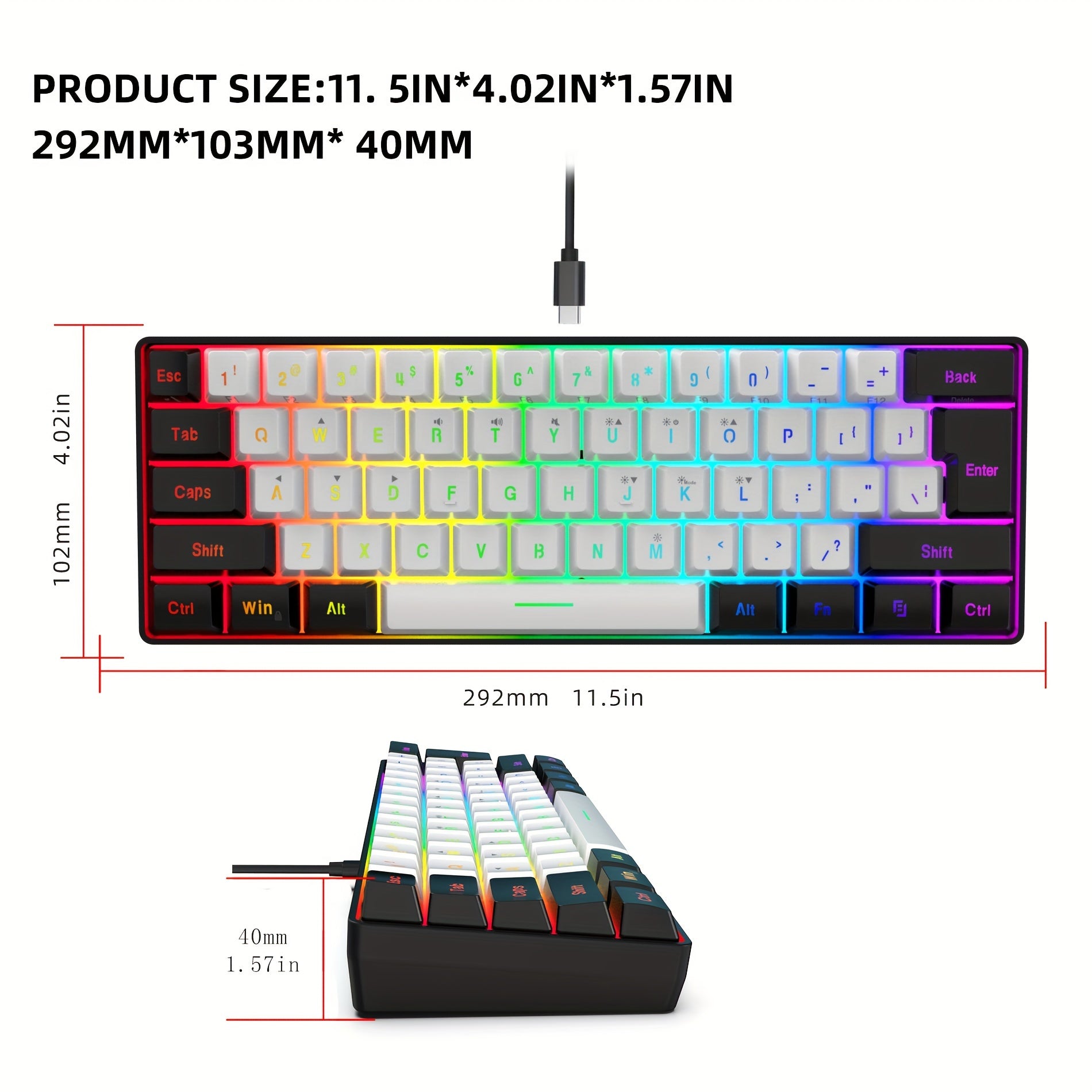 60% Mini RGB Gaming Keyboard with 61 Keys Backlit USB Wired for PC Mac Typing and Gaming