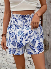 Women's Blue Floral High-Waisted Ruffle Shorts for Summer Casual Wear