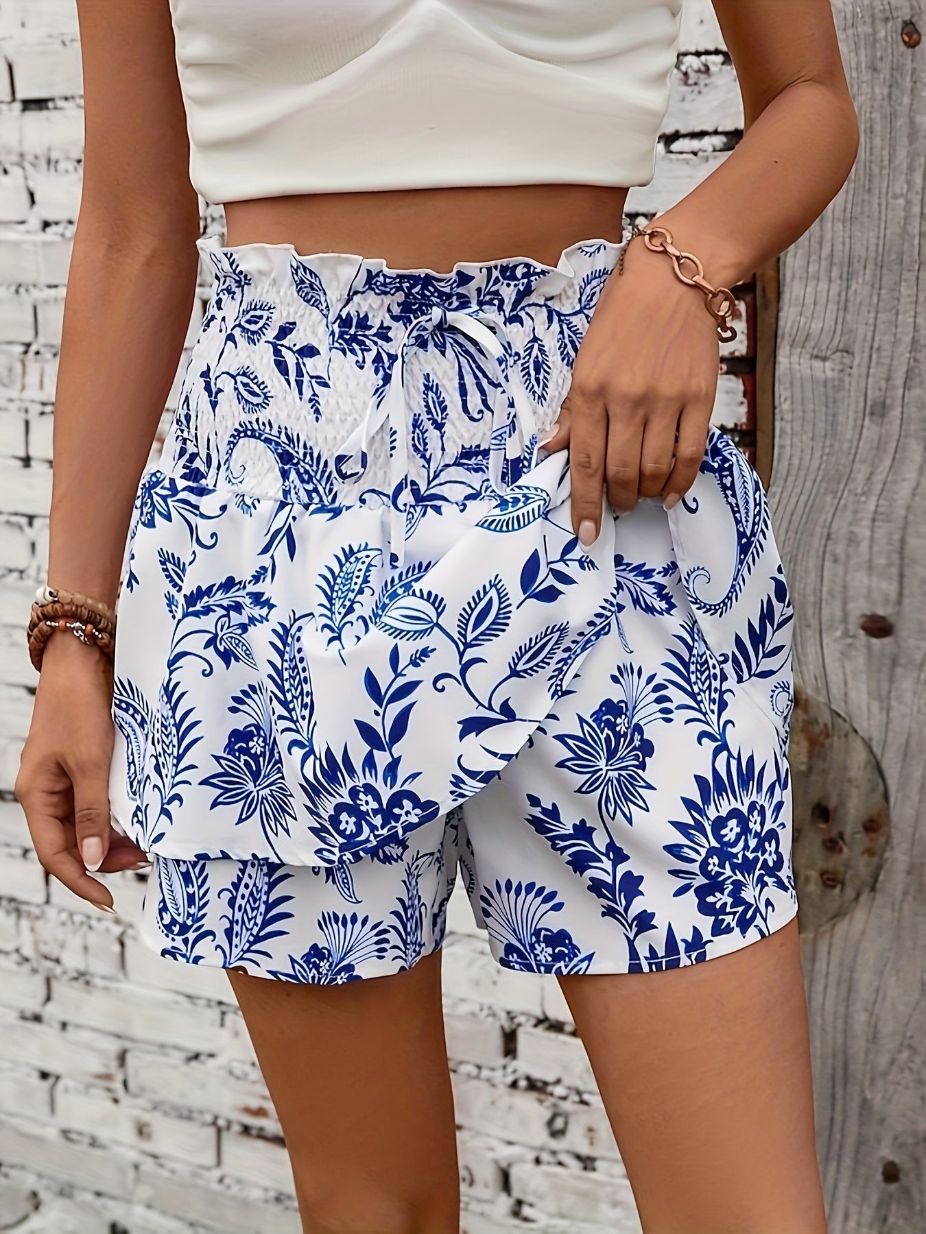 Women's Blue Floral High-Waisted Ruffle Shorts for Summer Casual Wear
