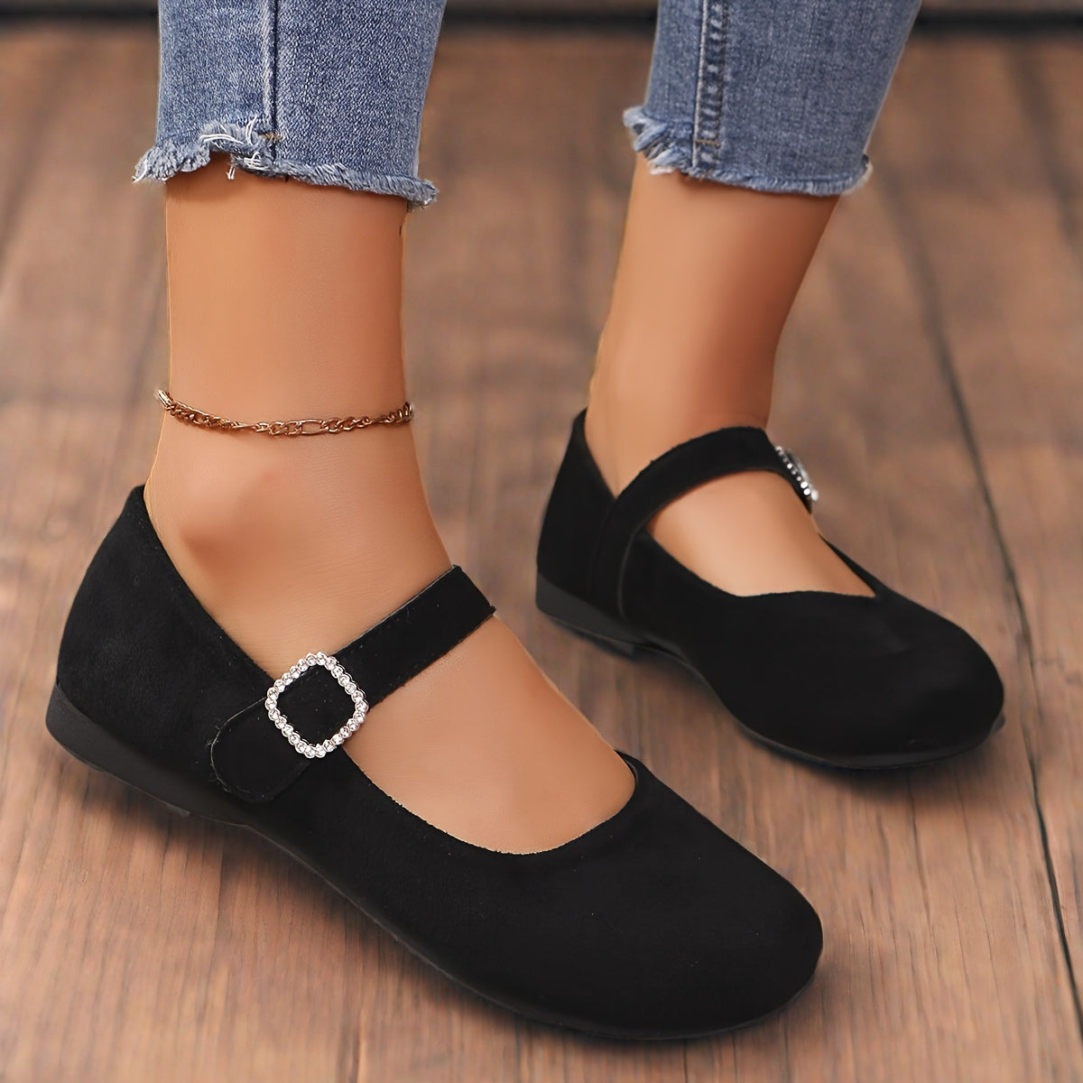 Zapatos planos de mujer tipo Mary Jane de franela de color sólido para todas las estaciones con punta redonda