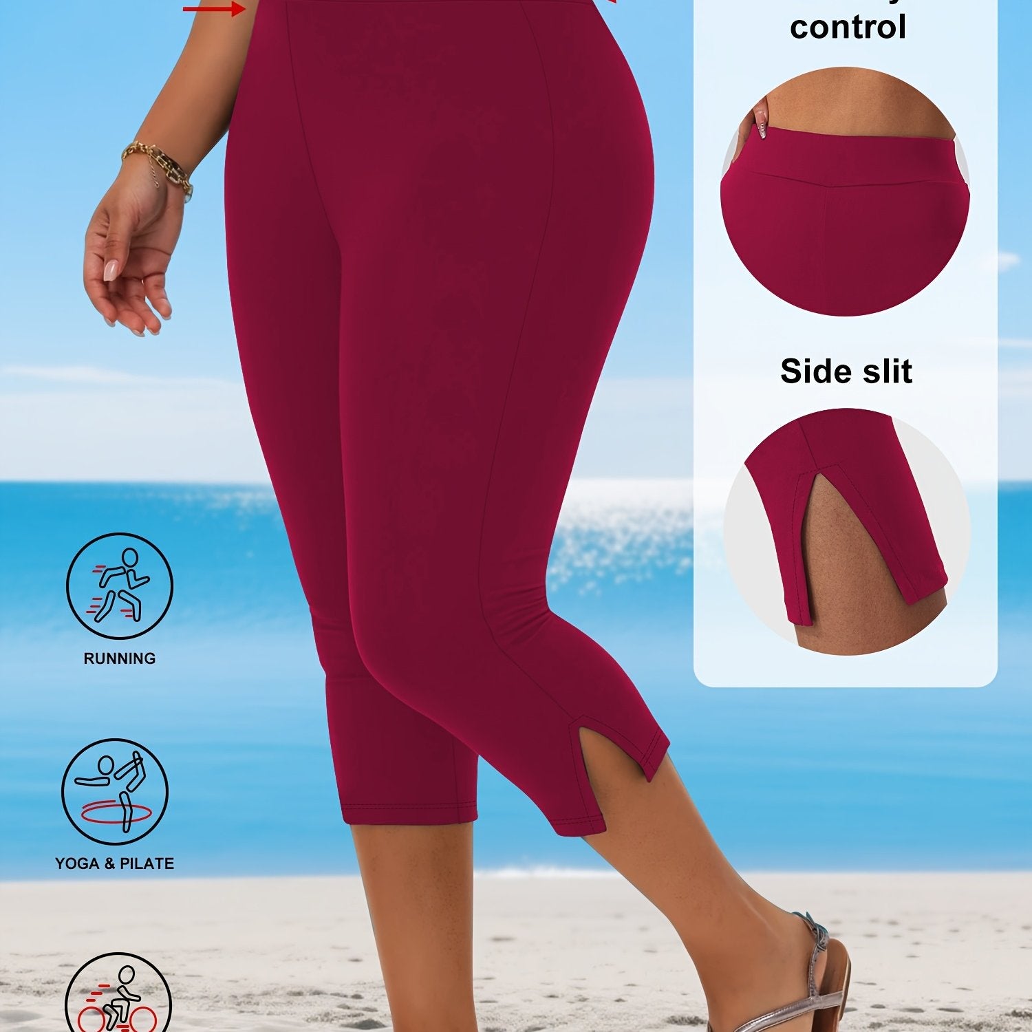 Plus Size Women's Stretchy Capri Pants with Side Slit Solid Color Breathable Fabric