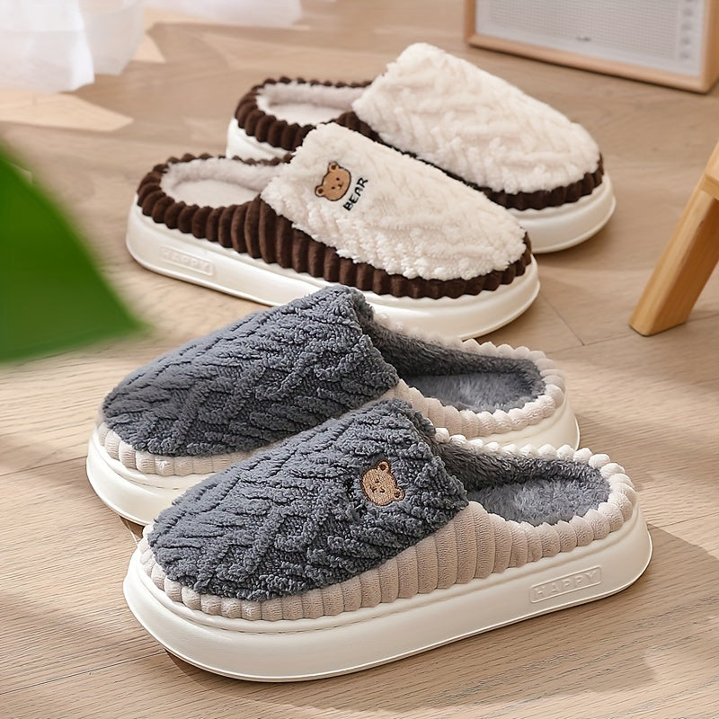 Unisex Plush Slippers Warm Indoor Winter Shoes Thick Sole Soft Lining