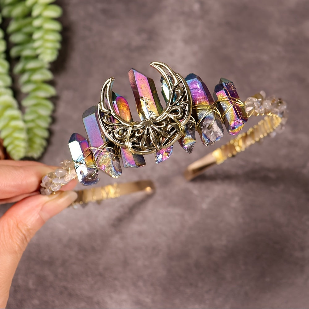 Women's Hair Accessory Headband with Natural Crystal and Moon Tiara Design