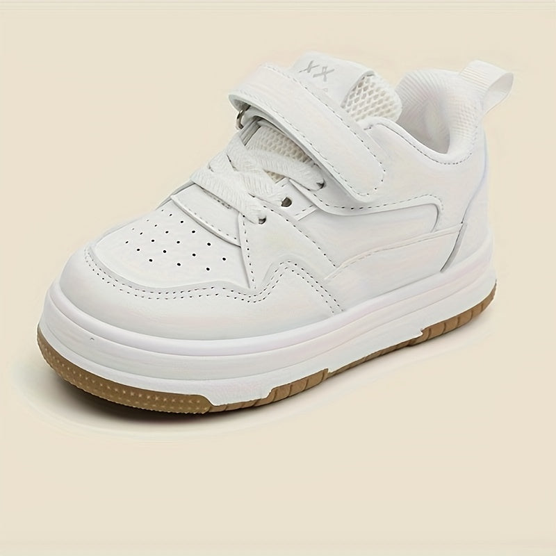 Kids' White Low Top Sneakers for Boys and Girls Adjustable Strap PU Upper Casual School Shoes