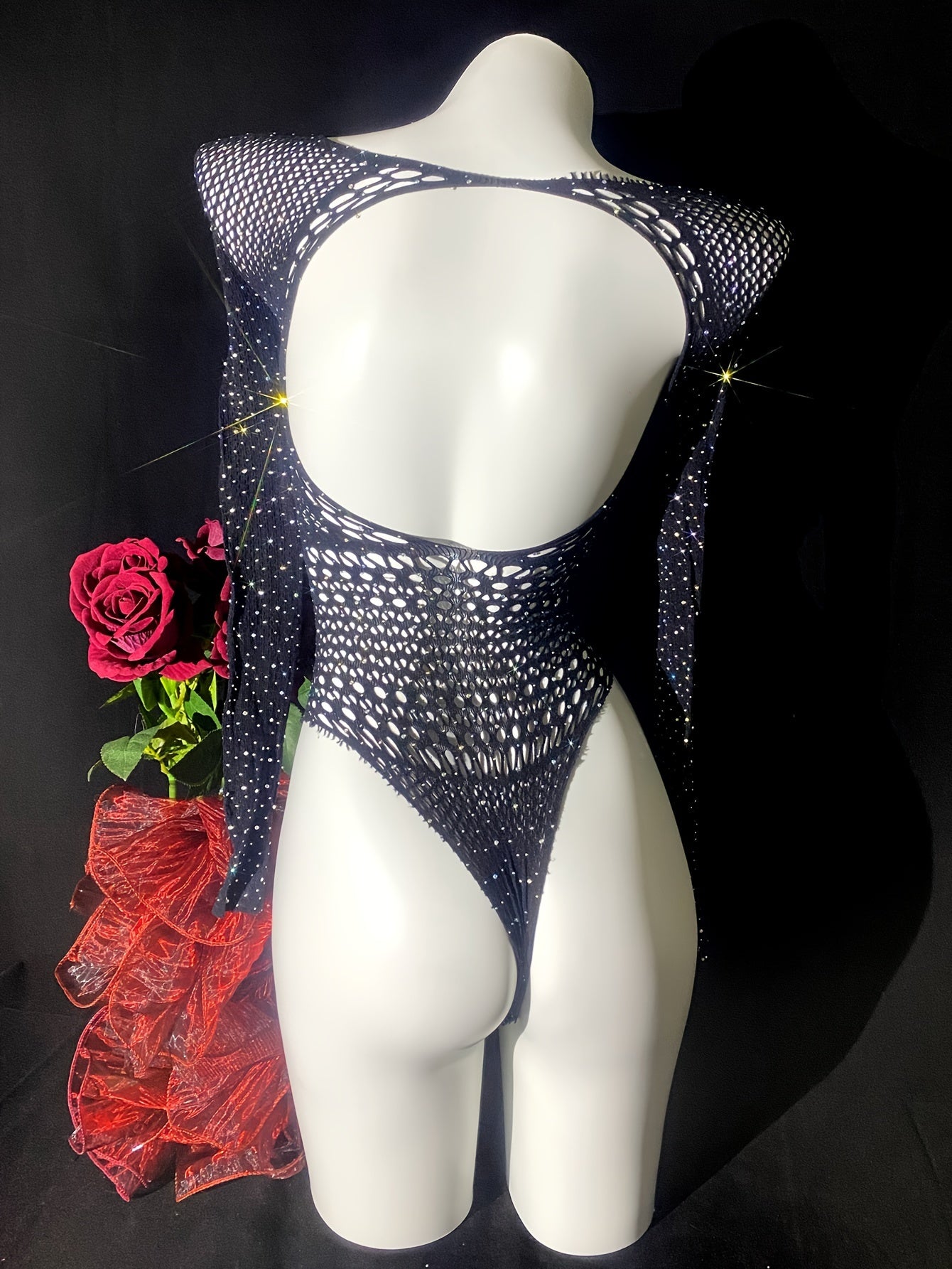 Women's Rhinestone Bodysuit Long Sleeve Hollow Out Festival Swimwear