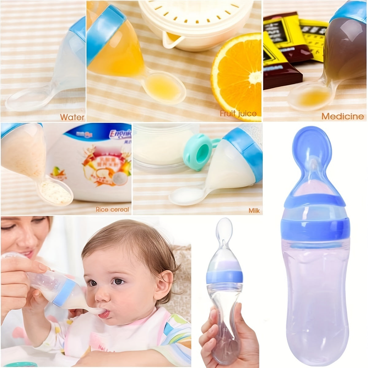 Silicone Baby Feeding Bottle with Spoon for Infants and Toddlers