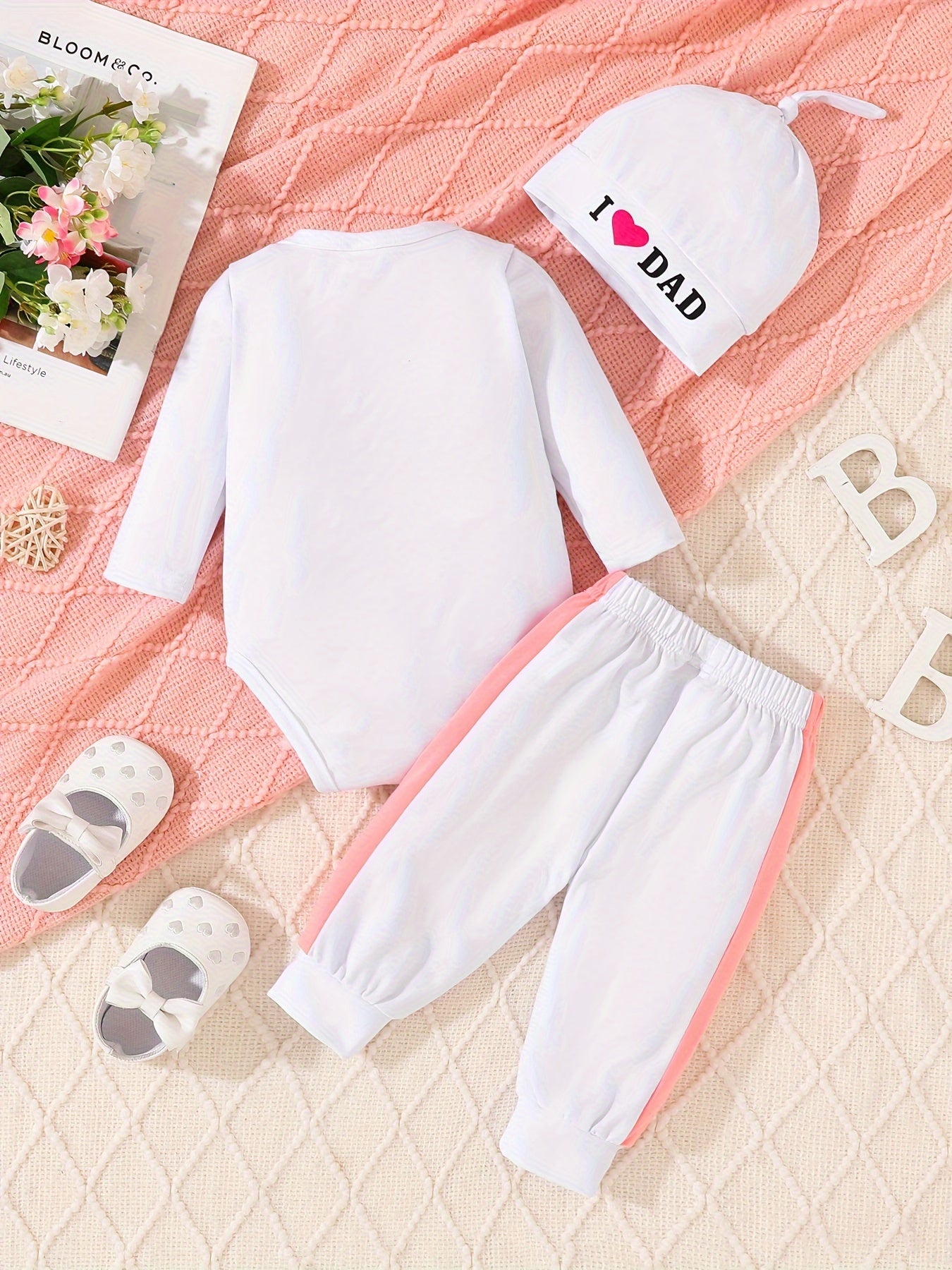 Kichkina qiz bola, erkak bola 3- qismli to'qilgan shimli kiyimlar to'plami, mos keladigan shlyapa bilan, Men onamni, otamni yaxshi ko'raman, kuz qish