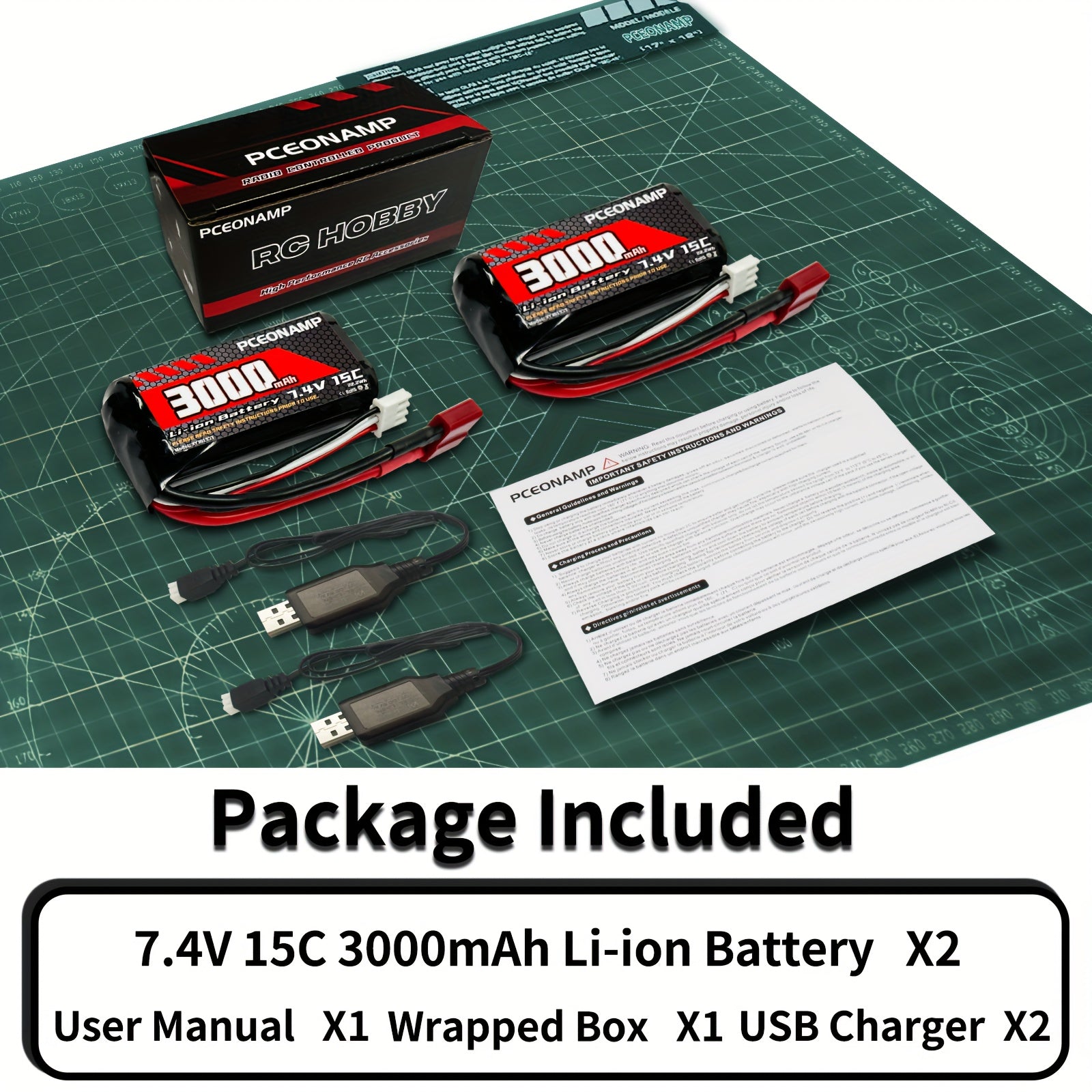 7.4V 3000mAh 2S Li-Ion RC Battery for 1/10 1/12 1/16 Scale RC Cars and Trucks