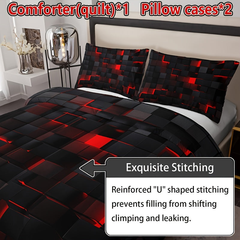 Set of 3 Black and Red Plaid Quilt Bedding with Pillowcases All-Season Soft