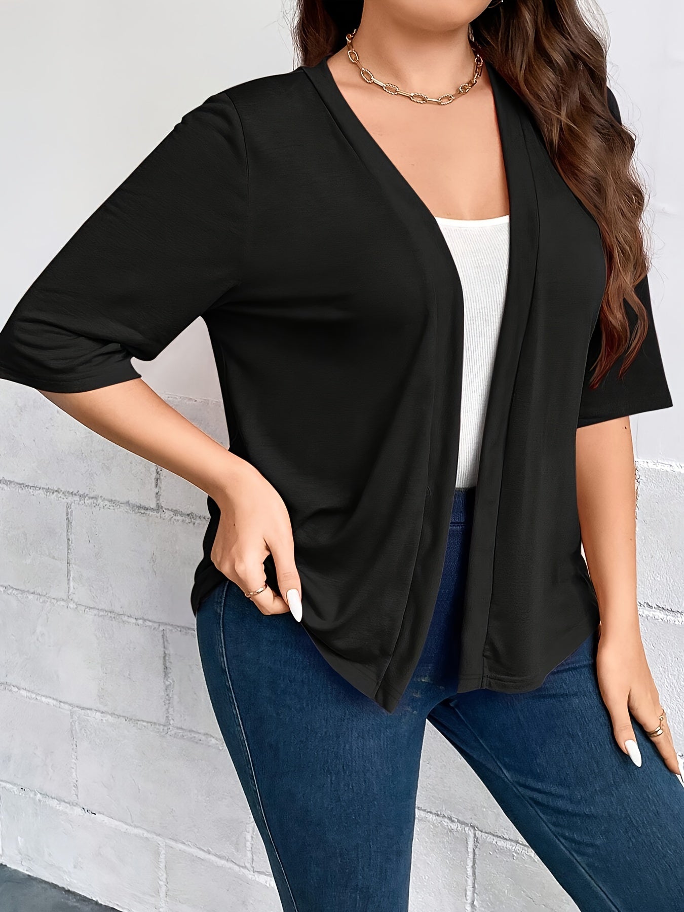 Plus Size Knit Open Front Cardigan Casual Half Sleeve Winter Fall Clothing