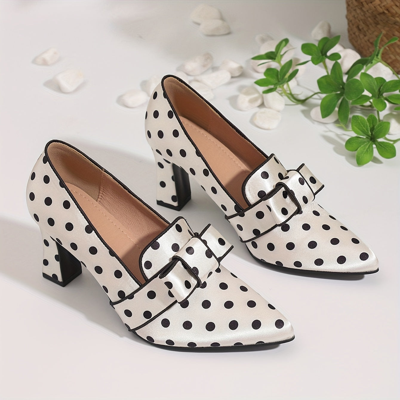 Women Polka Dot Bowknot Pumps Pointed Toe Chunky Heel for Parties