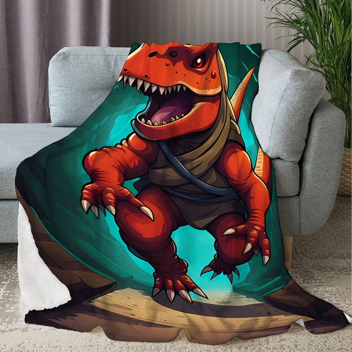 Cartoon Dinosaur Print Knitted Polyester Throw Blanket for Kids and Adults