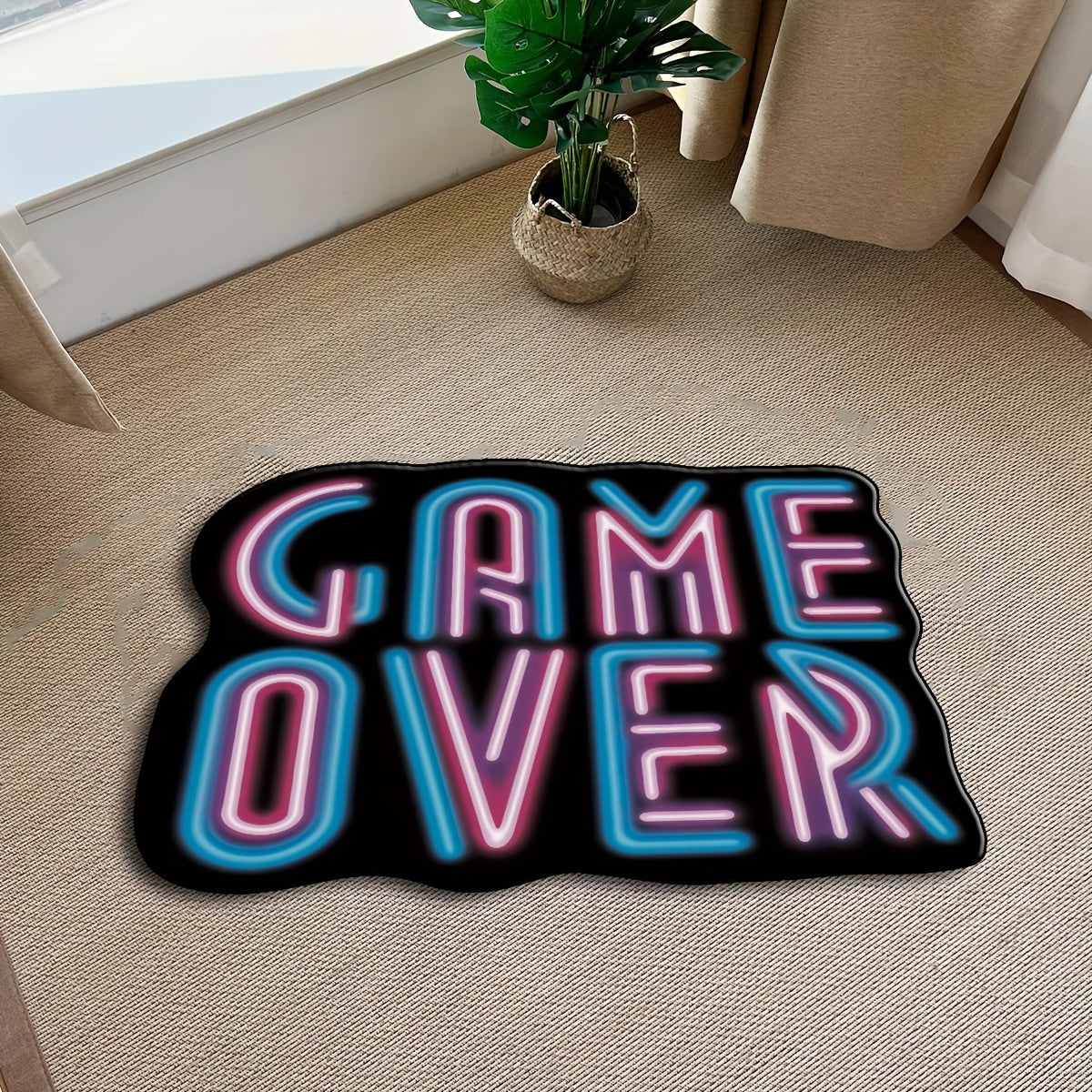 3D Fluorescent Lettering Area Rug Game Over Design Plush Anti-Slip Machine Washable Floor Mat for Living Room Bedroom Game Room
