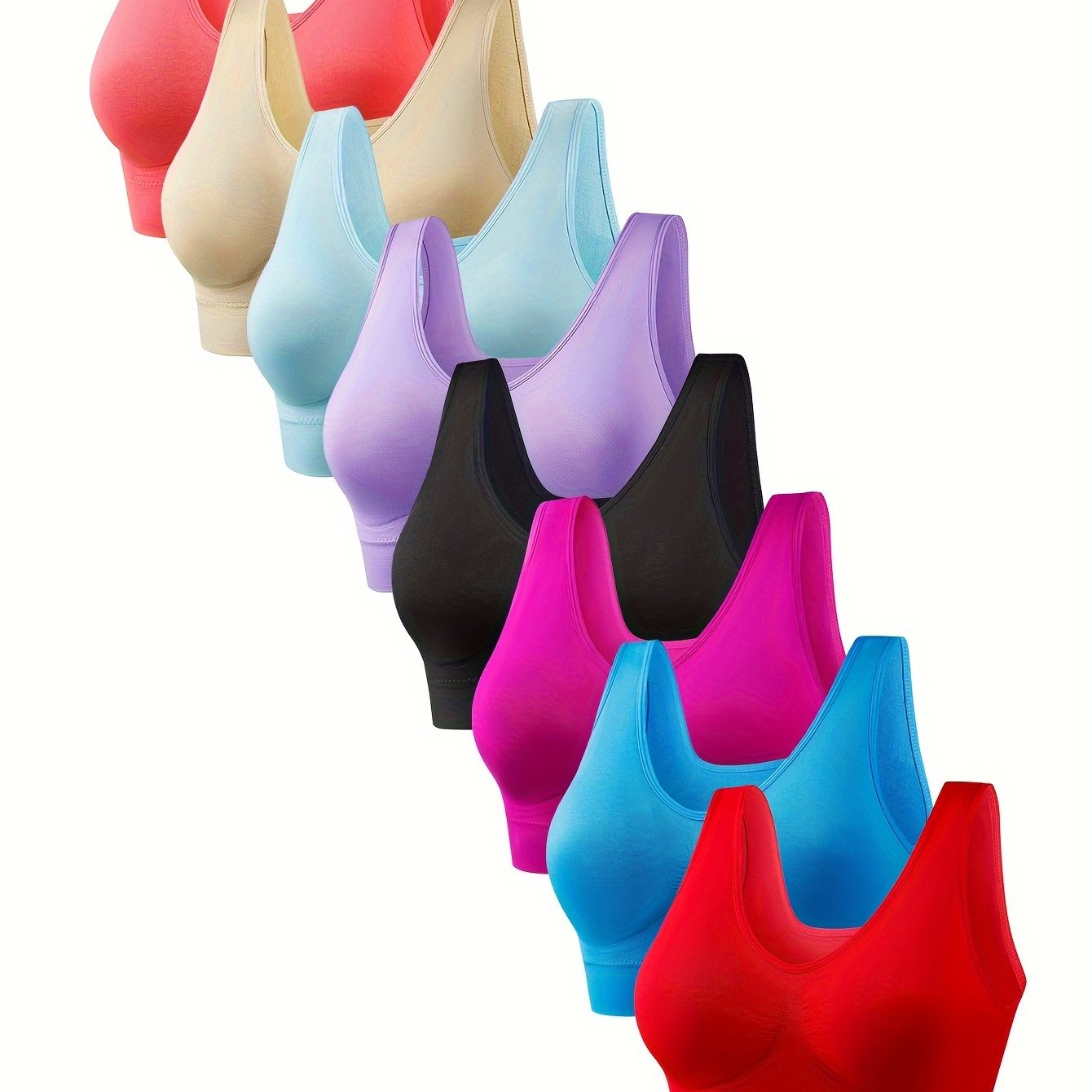 8 ta uzluksiz simsiz sport brasslari ayollar uchun, yugurish va fitnes faoliyatlari uchun ideal, nafas oladigan va qulay dizayn bilan.