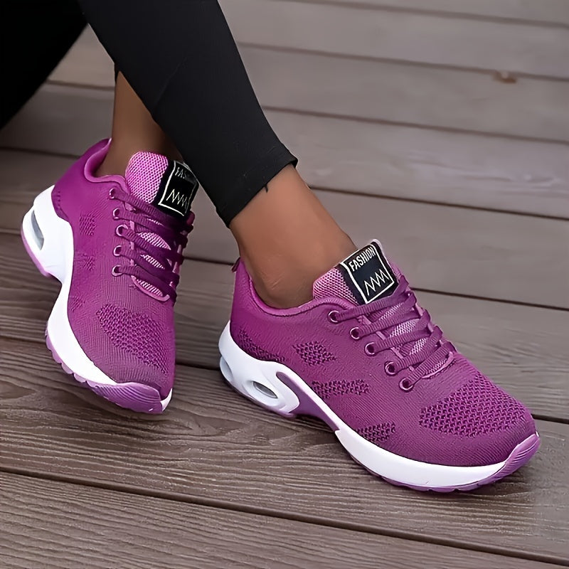 Women's White Breathable Knit Running Shoes with Air Cushion and Shock Absorbing Platform
