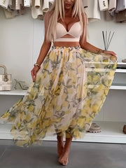 Falda midi de chiffon para mujer talla grande con estampado floral en amarillo y blanco, casual o semi-formal