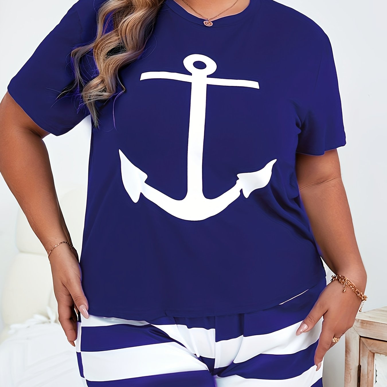 Plus Size Loungewear Set Women's Anchor Print Short Sleeve Top & Striped Shorts