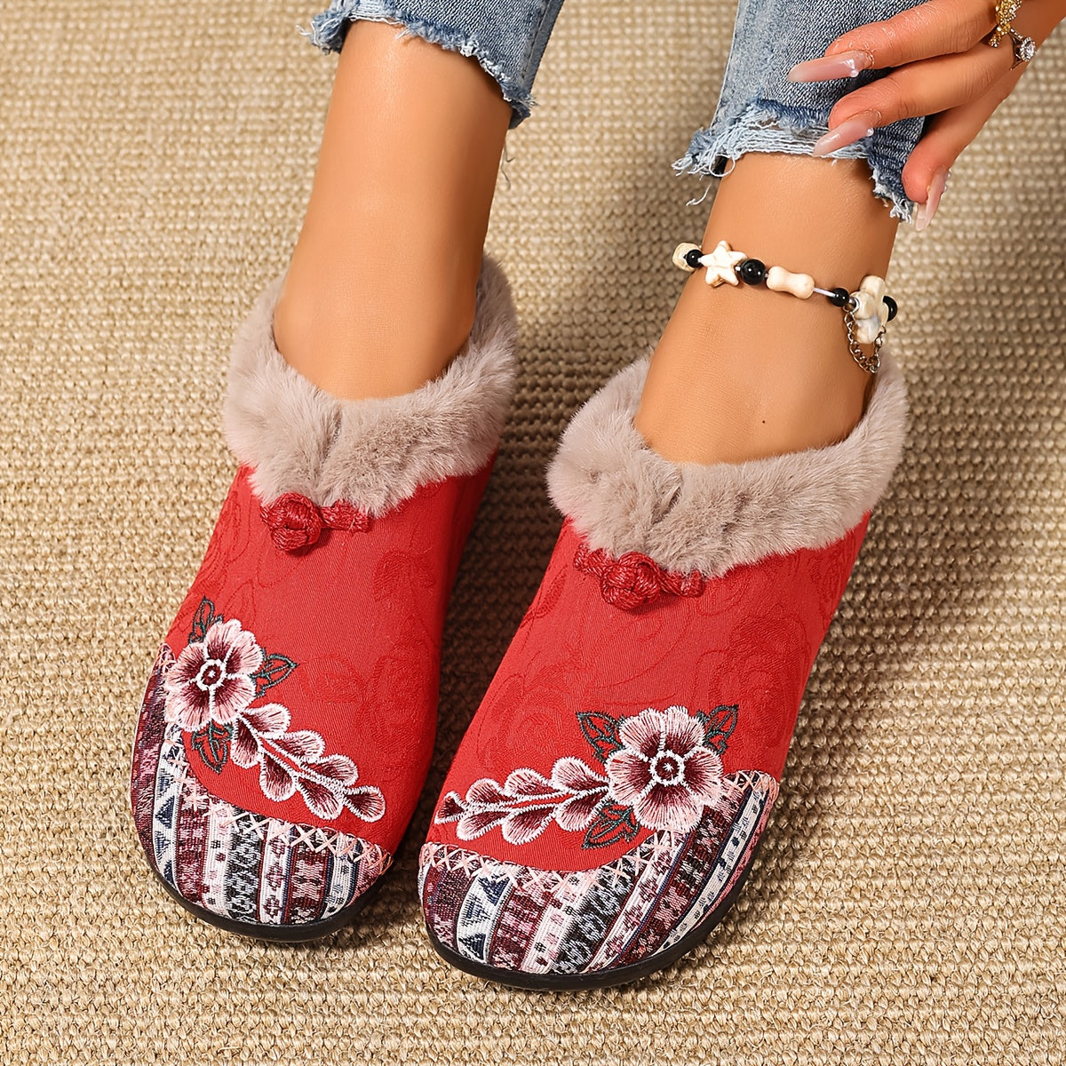 Women's Ankle Boots Winter Warm Anti-Slip Floral Short Shoes