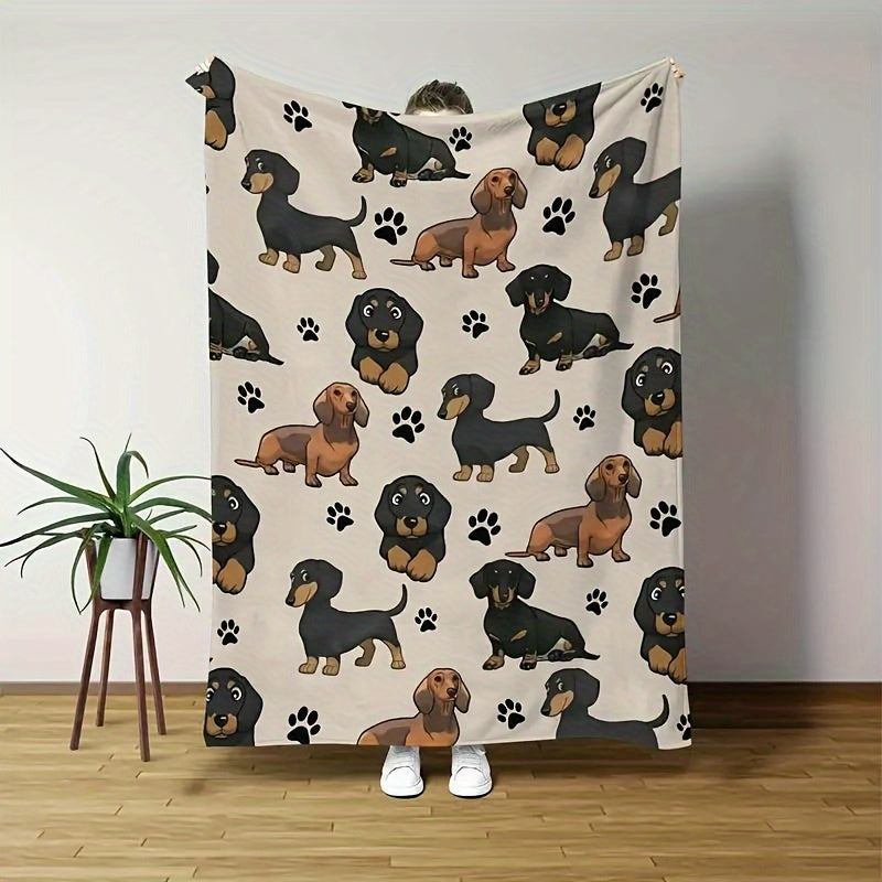Dachshund Dog Print Fleece Blanket All-Season Machine Washable Polyester Throw