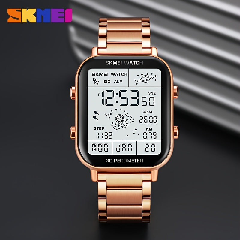 Men's Outdoor Sports Pedometer Watch with Digital Night Light and Gold Case