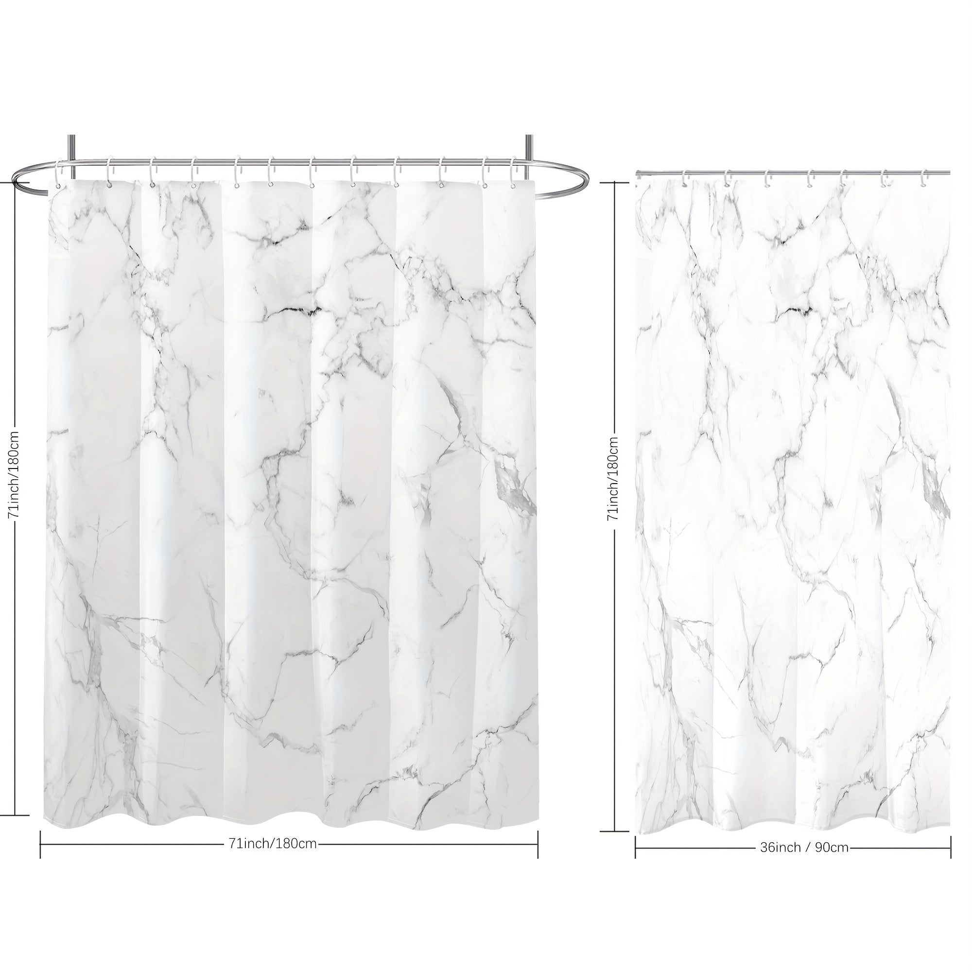 1 dona Marmar naqshli dush pardasi, och kulrang va oq chiziqli, suv o'tkazmaydigan, plastik ilgichlar bilan. Mashinada yuvish mumkin, uy va mehmonxona hammomlari uchun mos.