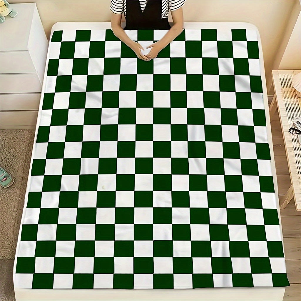 Green and White Buffalo Check Fleece Throw Blanket Reversible Cozy Warm for Sofa Bed Camping