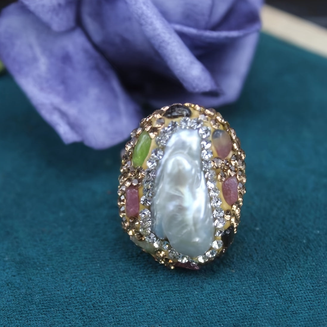 Anillo de perla de agua dulce estilo bohemio barroco en bisutería de oro de 14 quilates para mujeres