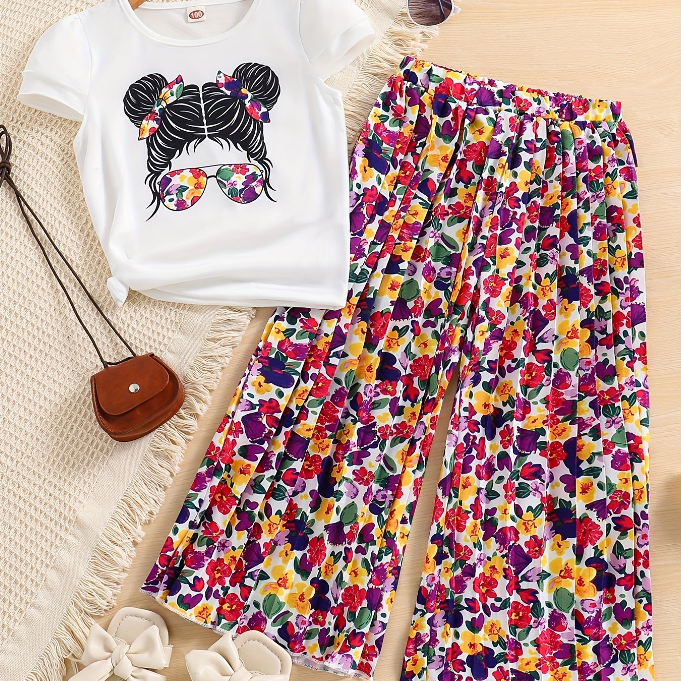Conjunto de verano de 2 piezas para niñas, camiseta con estampado de dibujos animados y pantalones de lunares, conjunto casual