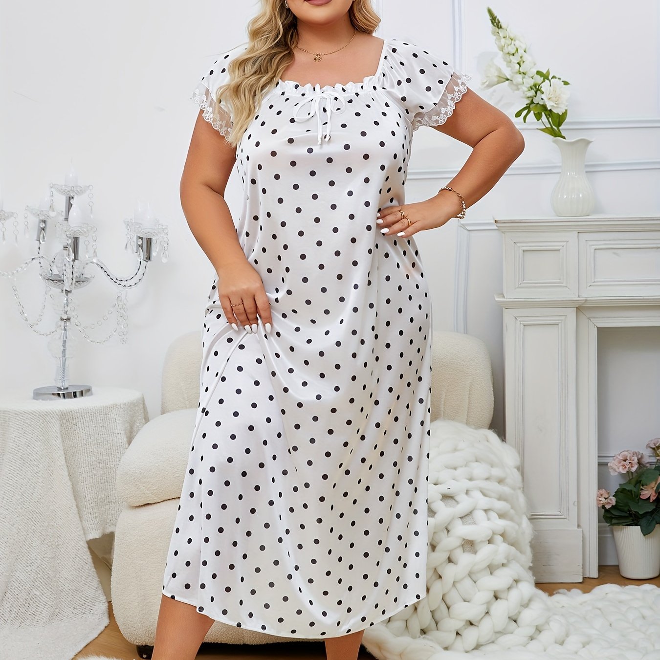 Women’s Polka Dot Semi-Sheer Nightgown Long Sleeve Sleep Dress