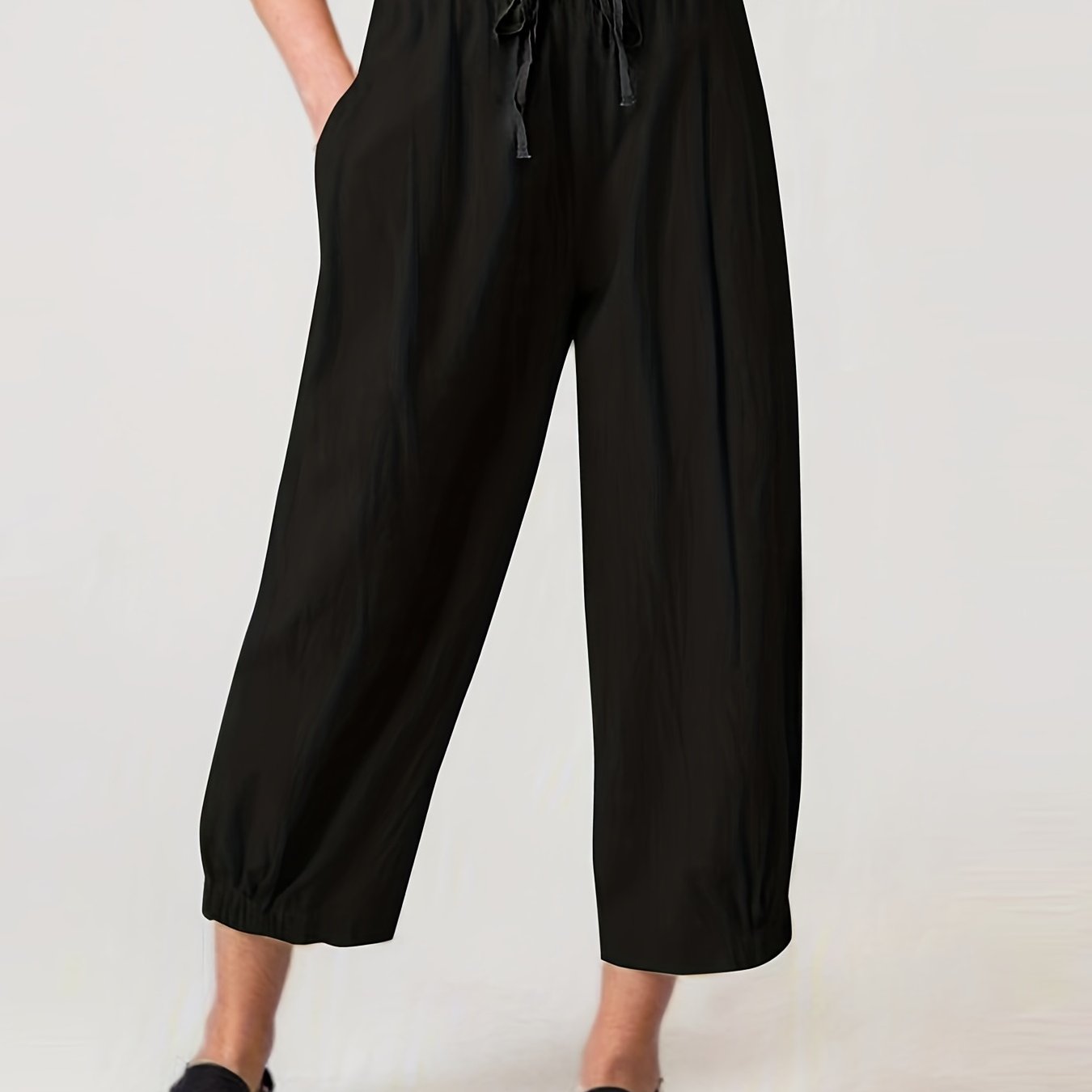 Women's Solid Color Straight-Leg Pants with Elastic Waist and Pockets