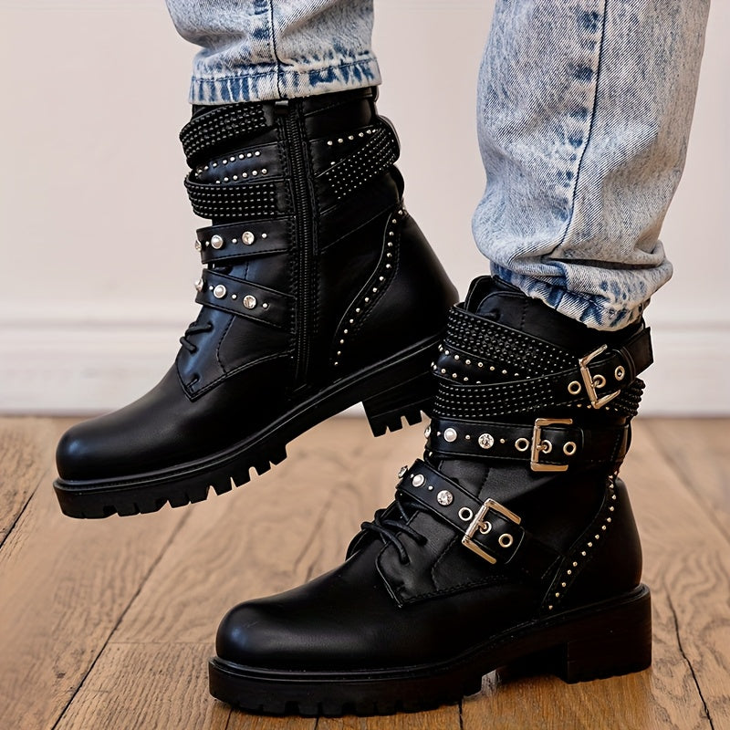 Women's Gothic Punk Motorcycle Boots Faux Leather Chain Zipper Black Chunky Platform