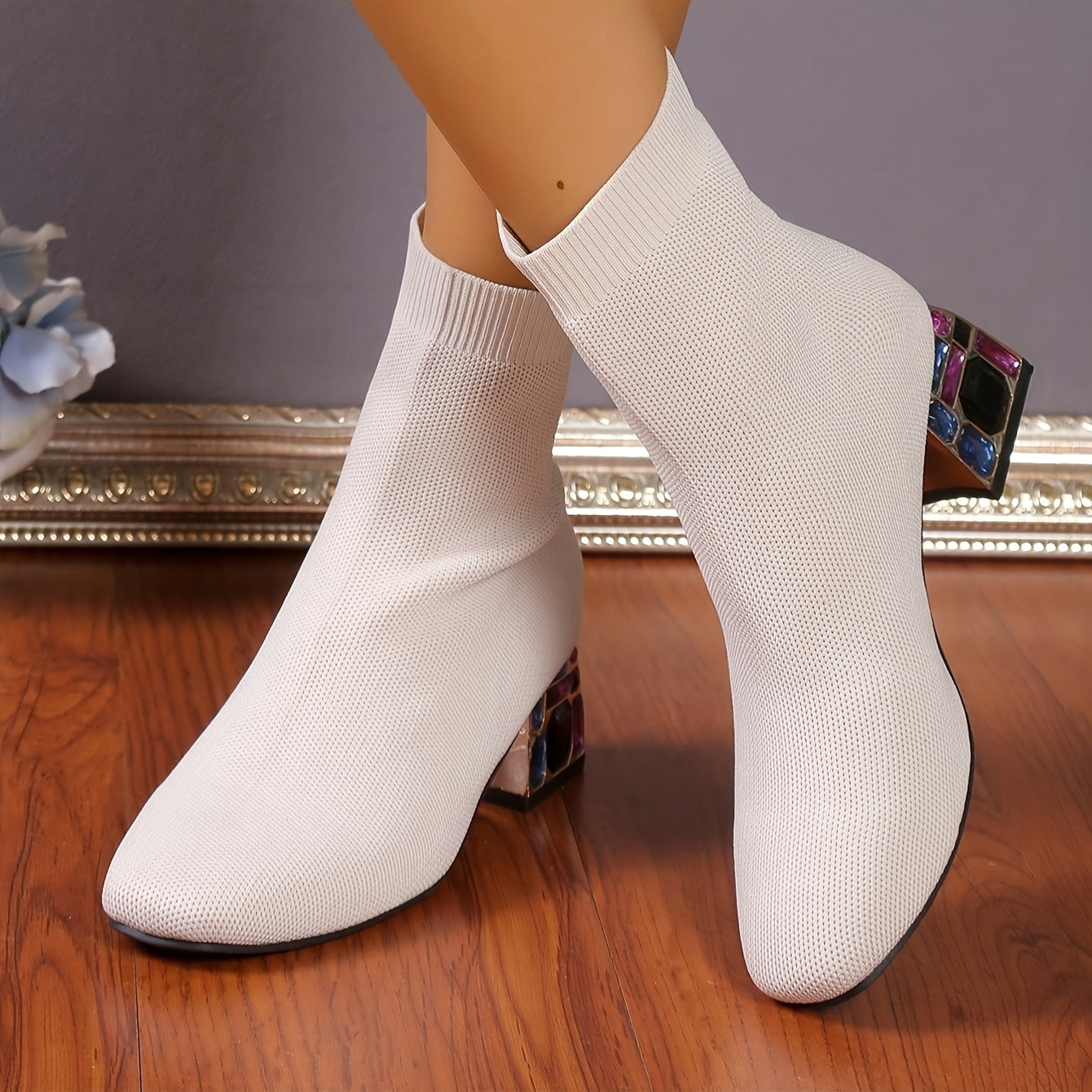 Women's Knit Ankle Boots with Chunky Heels Black Ribbed Slip-On Shoes