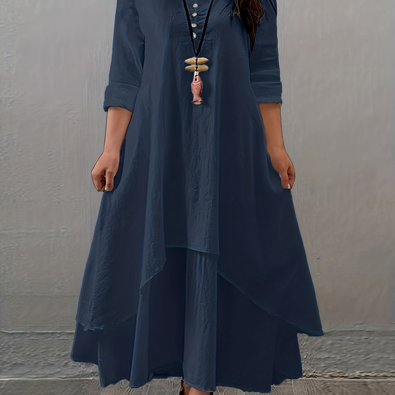 Plus Size Long Sleeve Layered Hem Dress for Spring Fall Casual Woven Rayon Solid