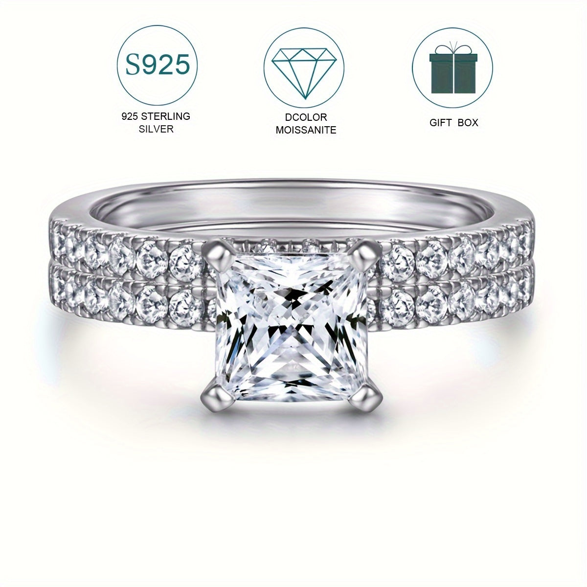 Sterling Silver 1ct Moissanite Square Stacking Ring for Women Engagement Proposal Wedding