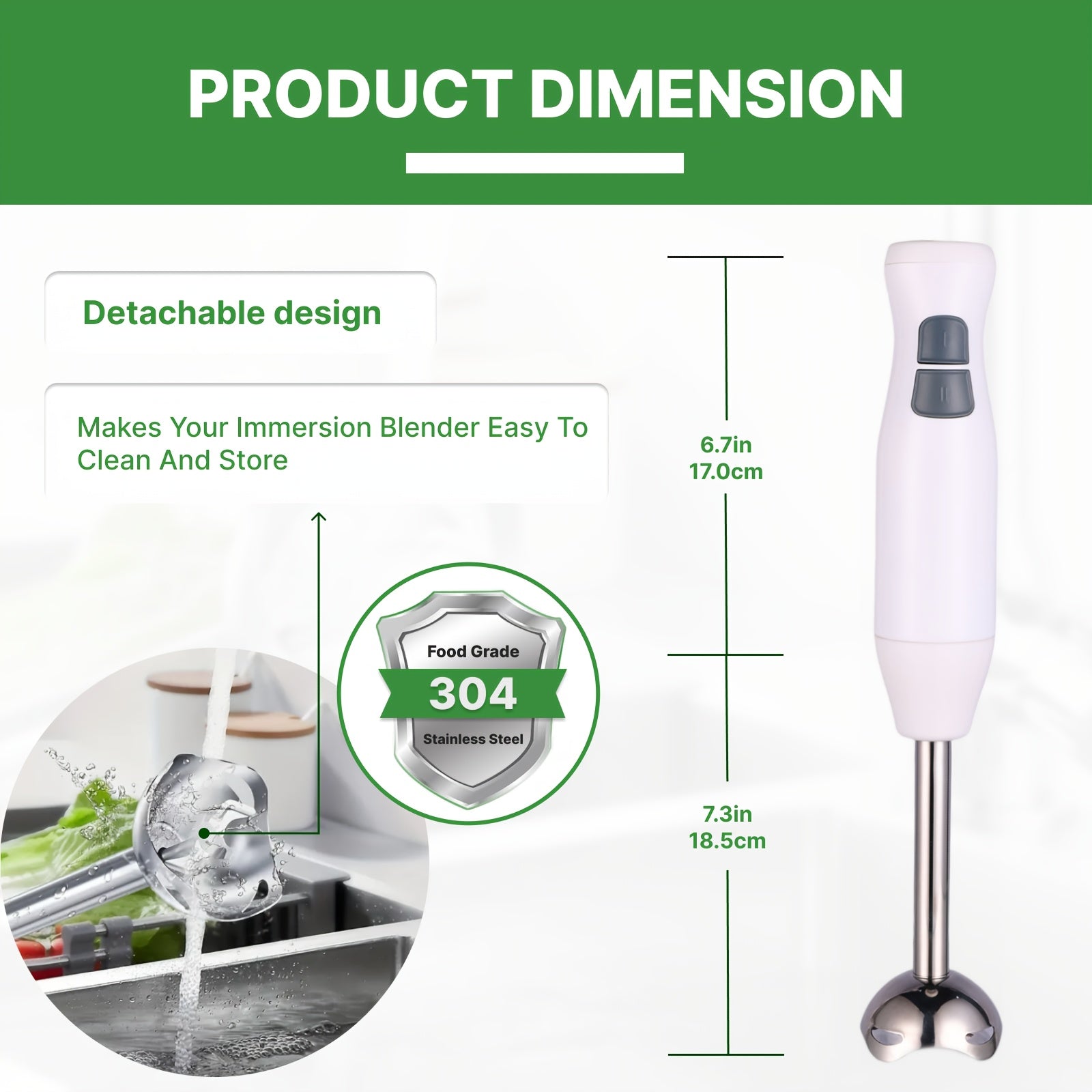 Electric Hand Blender Stainless Steel 2-Speed Immersion Stick for Purees Shakes Soups