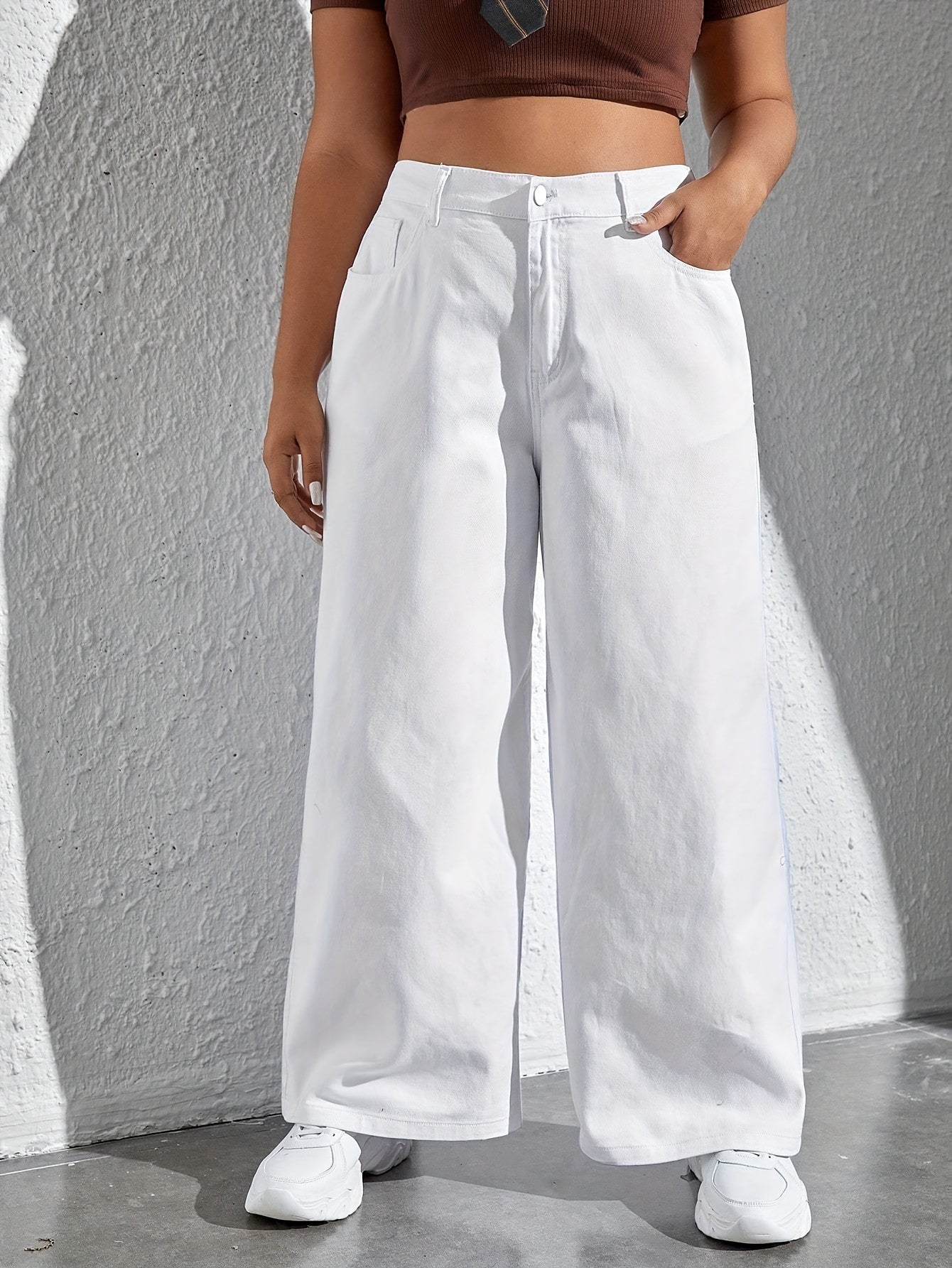 Plus Size Women's Wide Leg White Jeans with Slash Pockets Cotton Casual All-Season