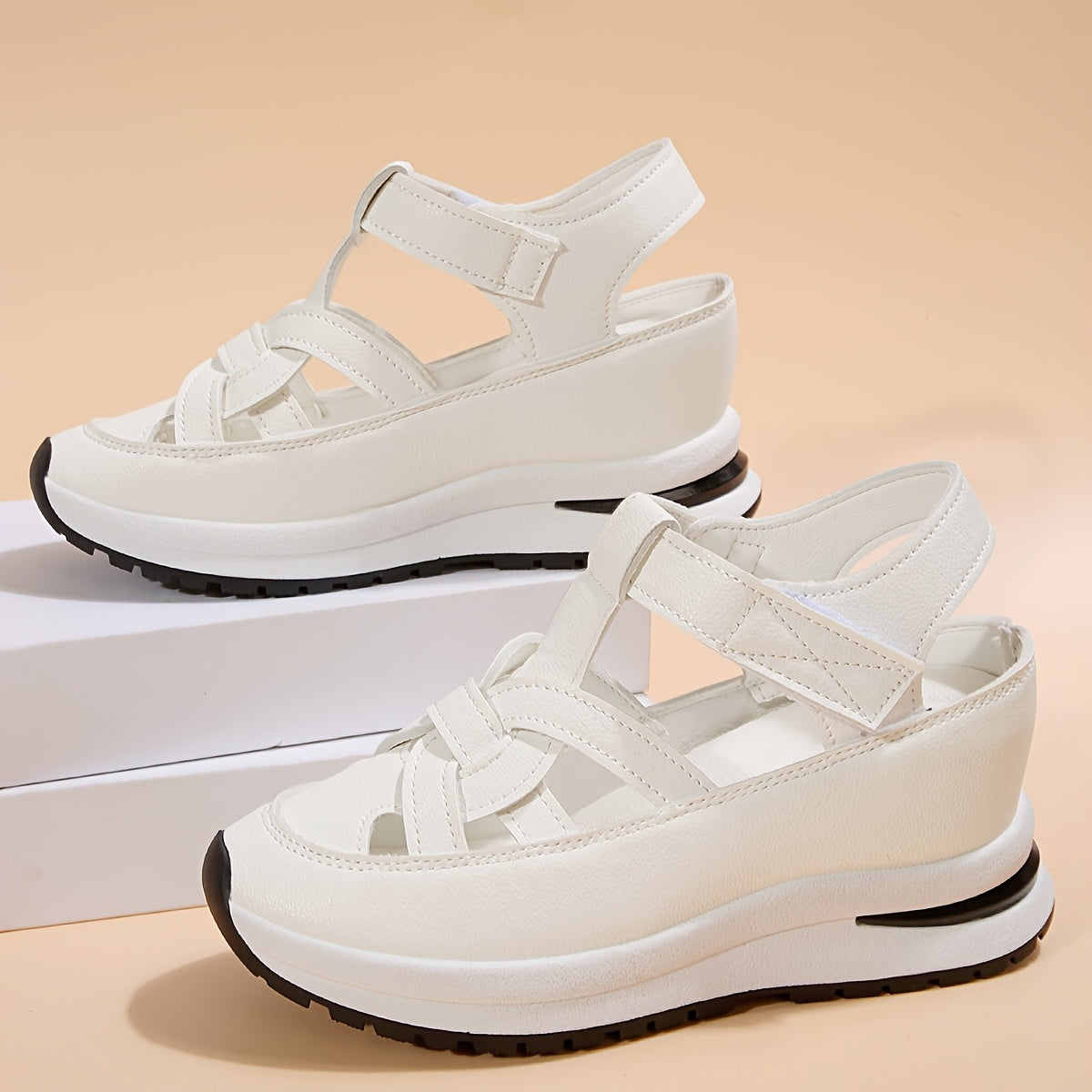 Sandalias de moda con punta abierta para mujer con correas de cinta mágica, color sólido, parte superior de PU y suela de TPR