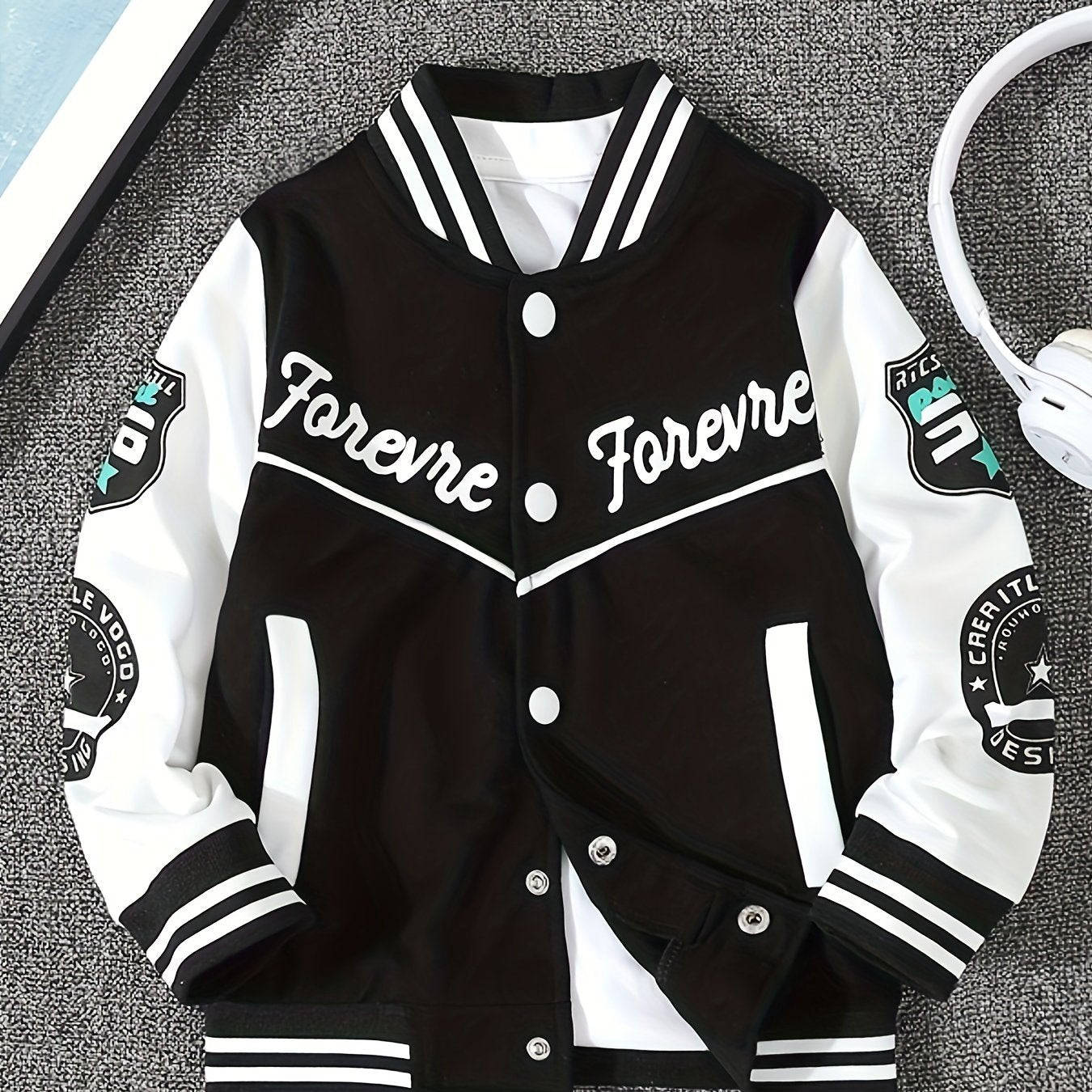 Boys Long Sleeve Varsity Baseball Jacket with Letter Graphic and Color Block Design