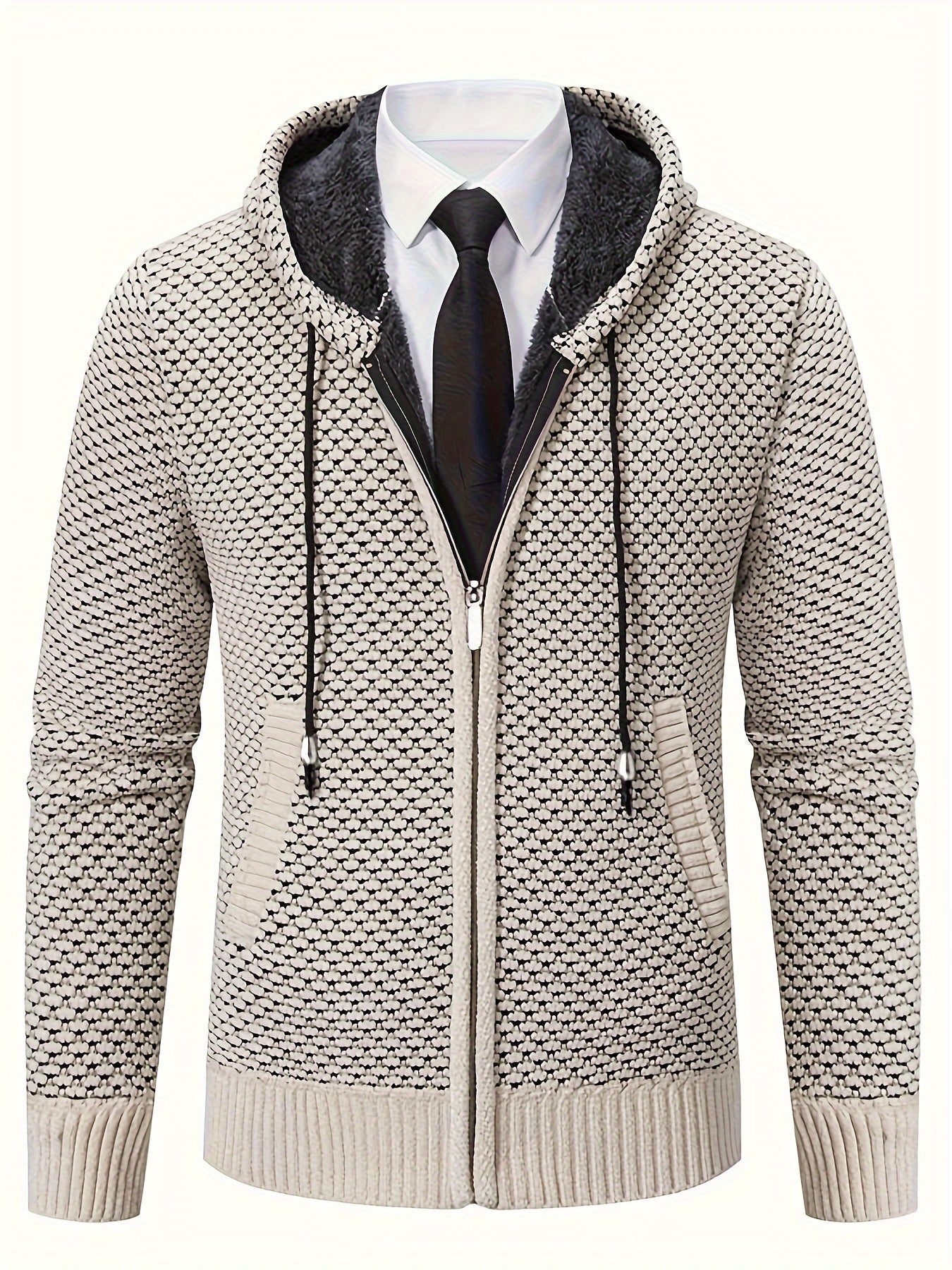Men's Fish Scales Knit Cardigan with Hood Pockets Long Sleeve Fall Winter Polyester