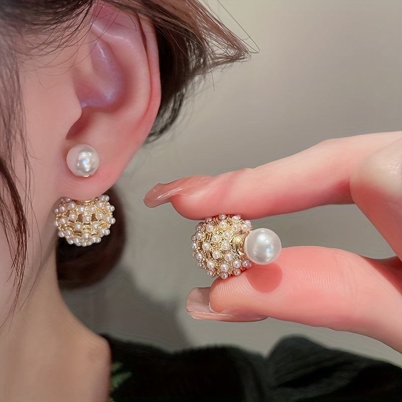Stud Earrings with Faux Pearl and Rice Bead Design in Japanese Style Made of Copper and Gold Plating
