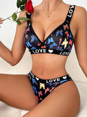 Women's Lingerie Set with Butterfly Print Wireless Bra and Panty Polyester Blend