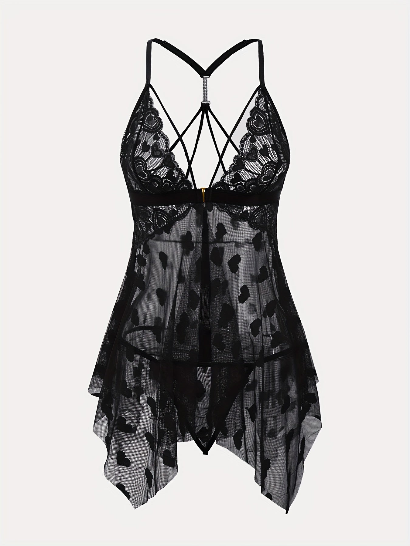 Plus Size Women's Mesh Nightgown with Lace Trim Black Strapless Sleepwear