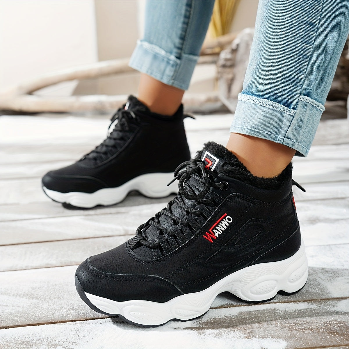 Women's Beige Fleece-Lined Platform Ankle Boots with Lace-Up Closure