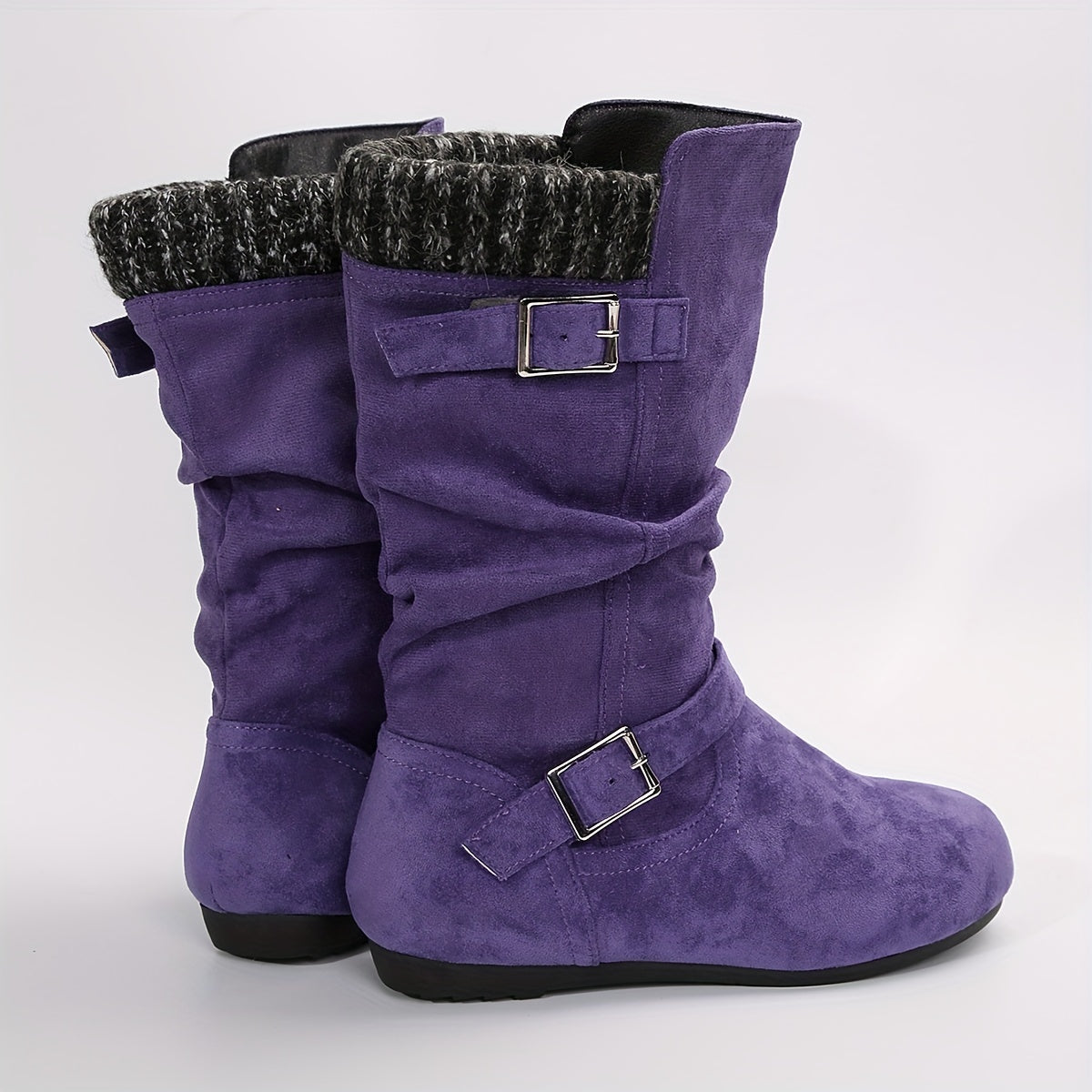 Women's Purple Slouchy Boots with Metal Buckles Flat Heel Casual Wear