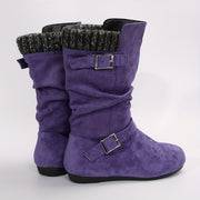Women's Purple Slouchy Boots with Metal Buckles Flat Heel Casual Wear