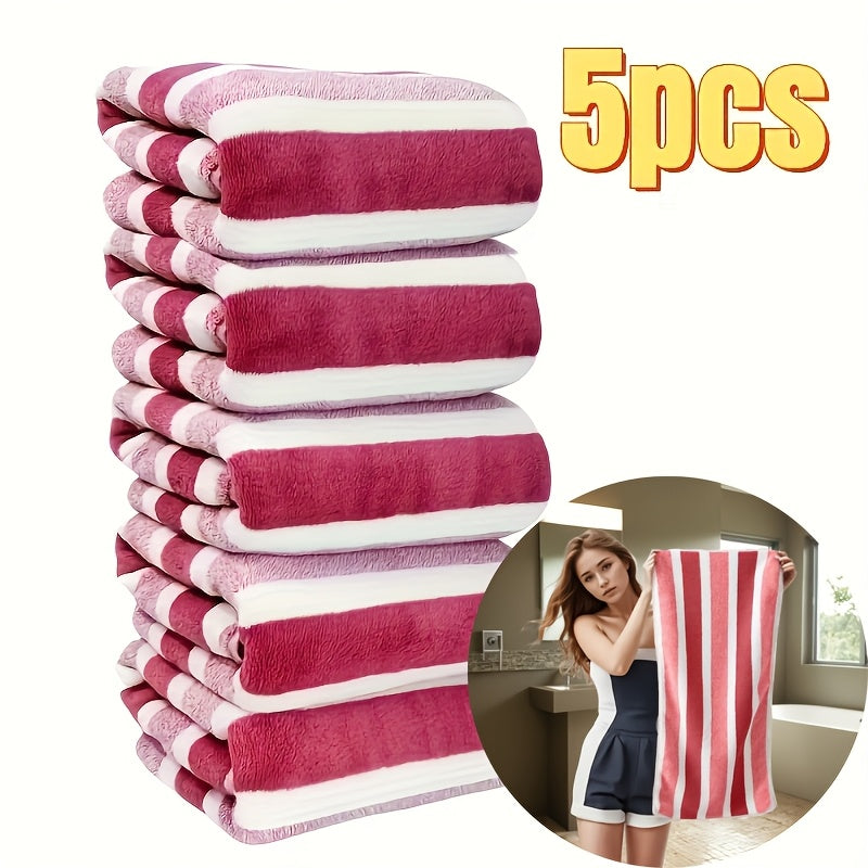 Soft Coral Fleece Towel Set 5 Pieces Quick-Dry Striped Polyester 280gsm