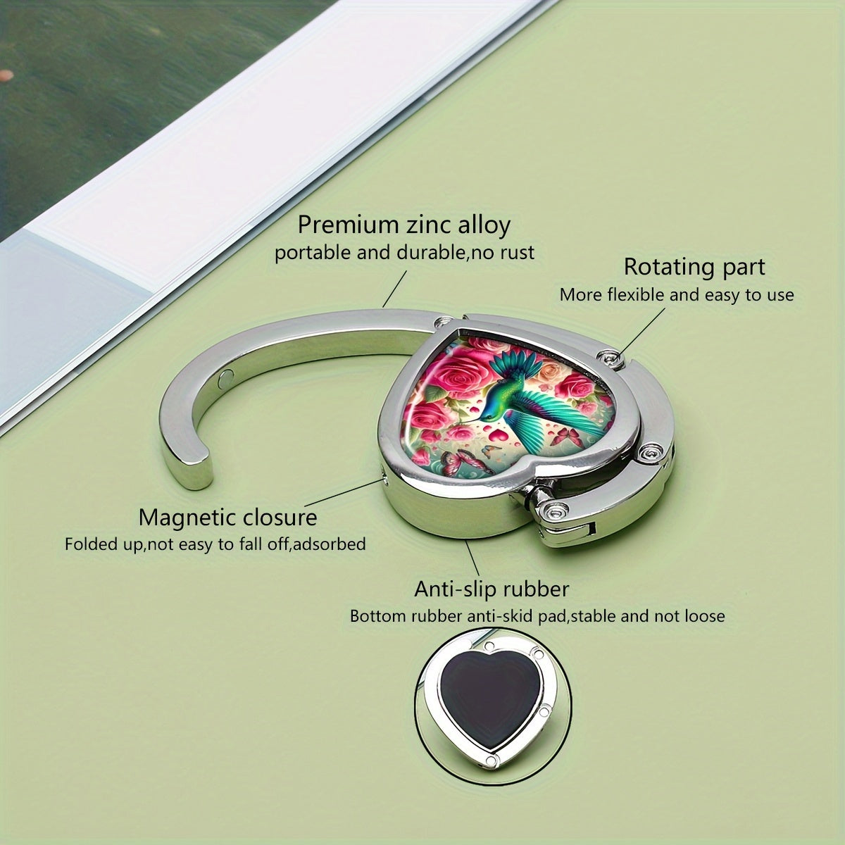 Foldable Hummingbird Heart-Shaped Purse Hanger Boho Chic Metal Handbag Hook