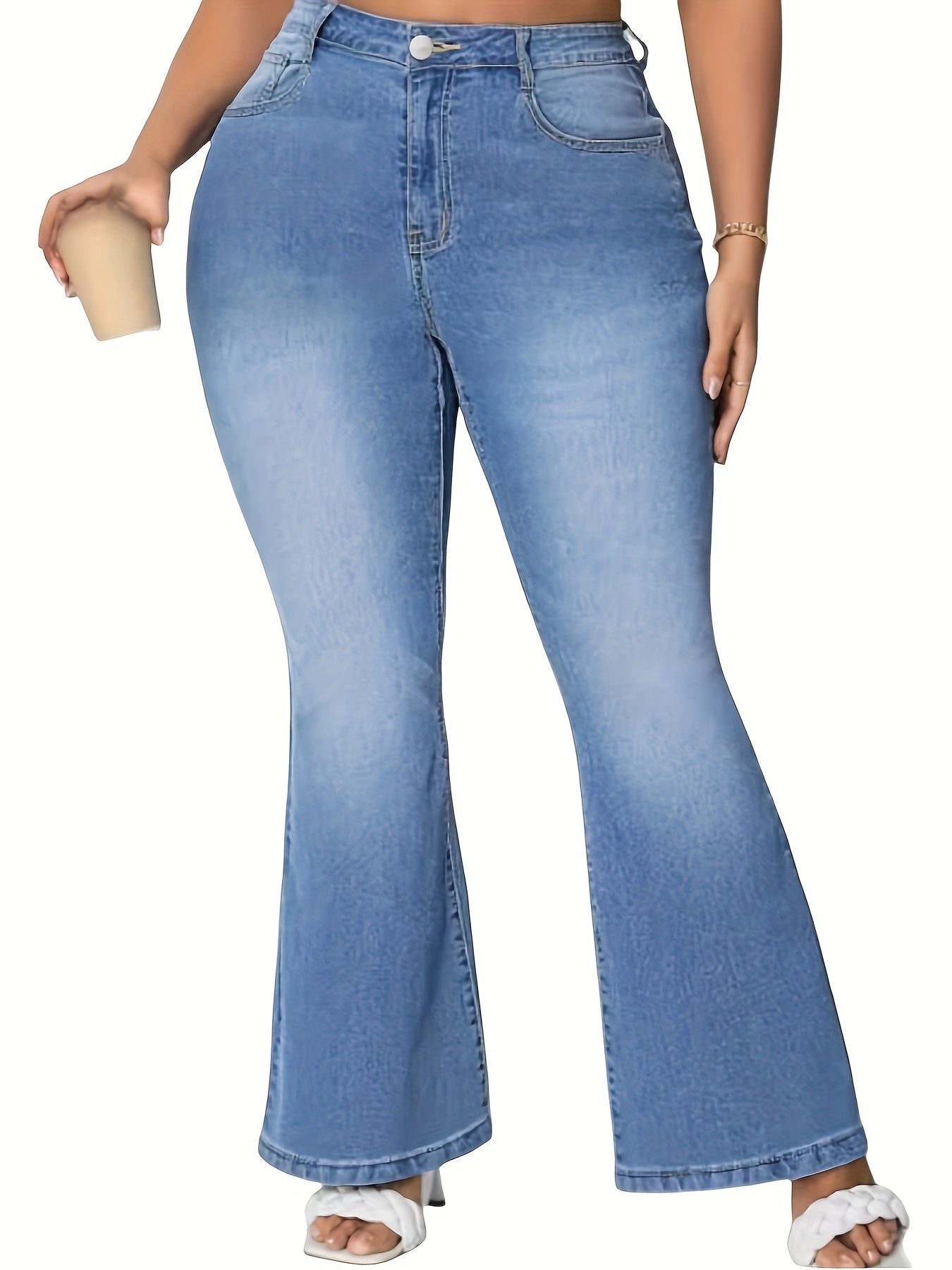 Women's Plus Size Blue Flare Jeans Stretch Denim Button Fly Casual Long Length