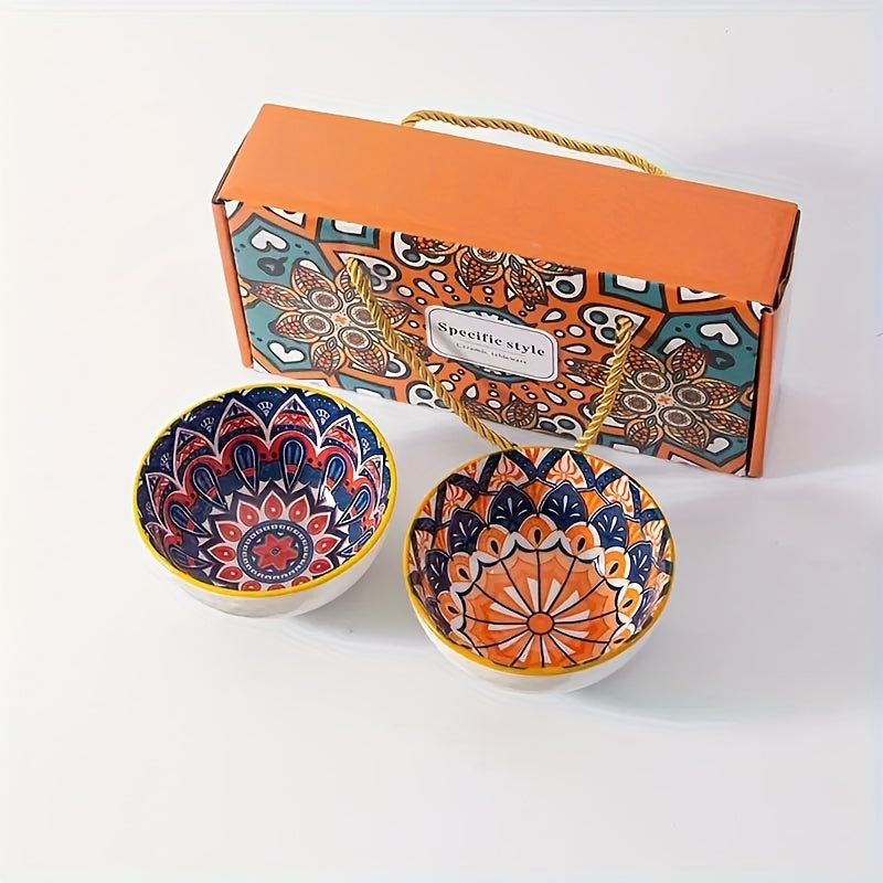 Handmade Ceramic Bowls Set with Vibrant Orange and Blue Mandala Design for Serving Cereal Ice Cream Pasta